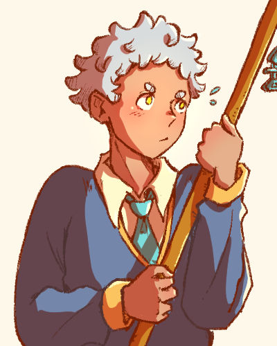 huanying looking away and holding broom